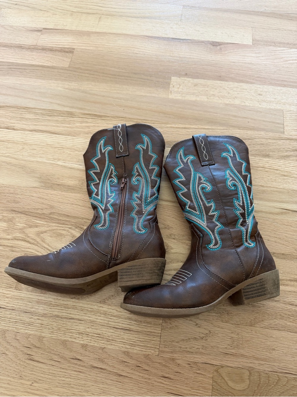 Kids Brown Western Cowboy Boots with Turquoise Stitching
